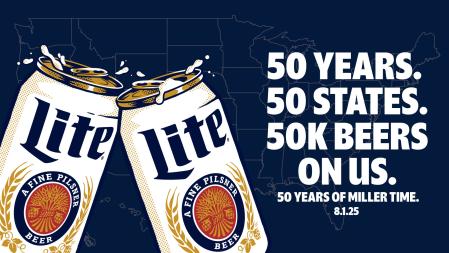 米勒淡啤（Miller Lite）在美国免费派发 50,000 罐啤酒，庆祝其成立 50 周年